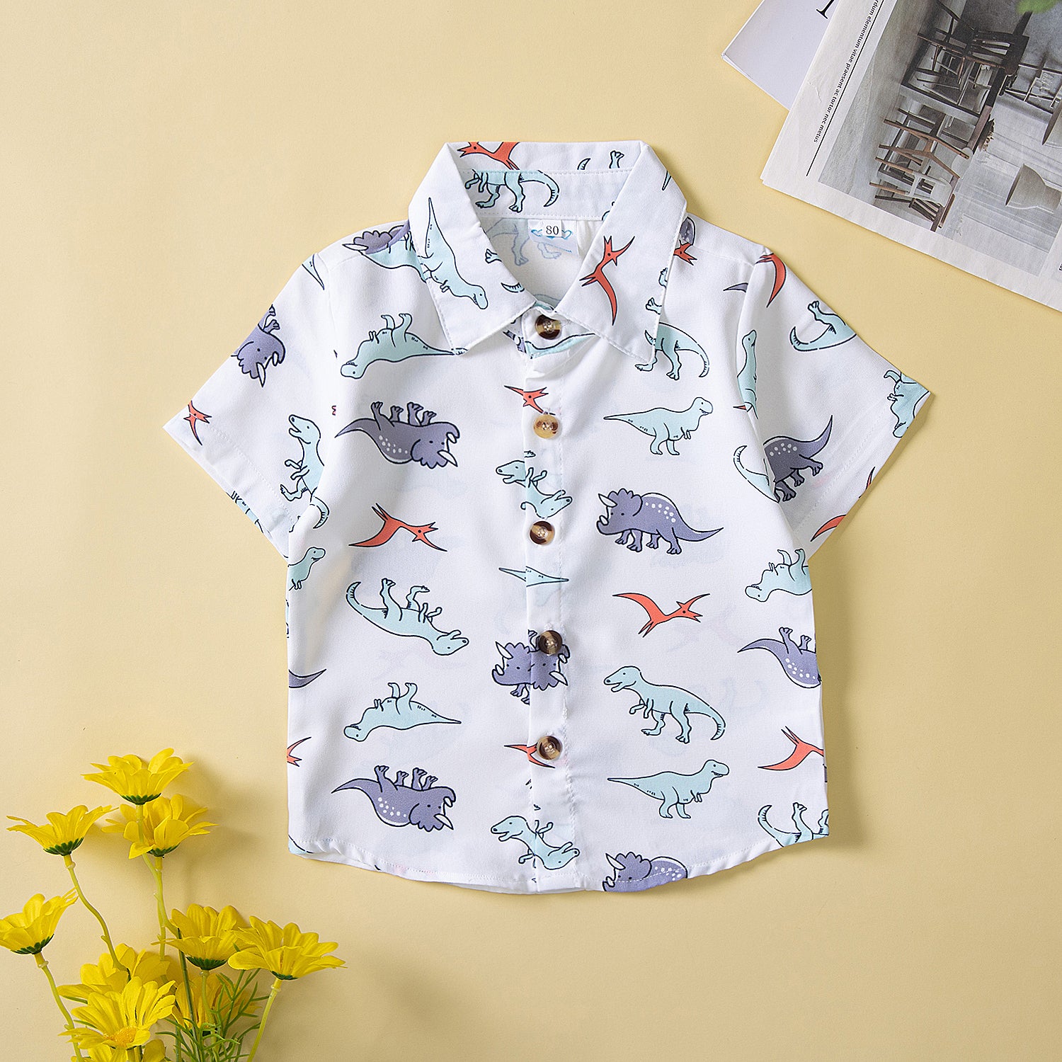 Boys White Printed Shirt Collar Shirt With Short
