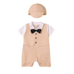 Khaki Coloured & White Infant Boys Cotton Rompers With Hat