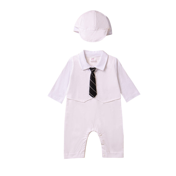 Infant Boys White Cotton Rompers With Cap
