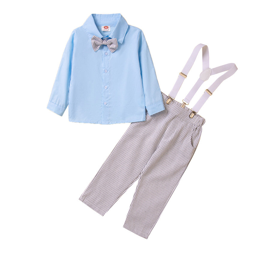 Boys Blue & White Shirt With Striped Trouser & Suspenders
