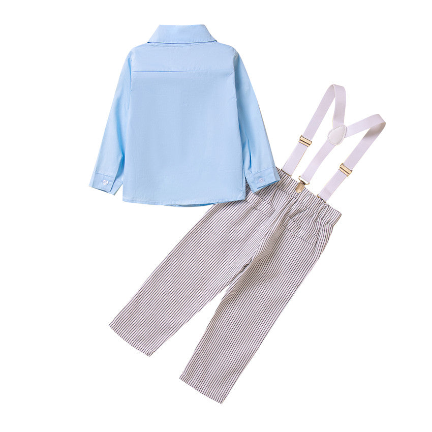 Boys Blue & White Shirt With Striped Trouser & Suspenders