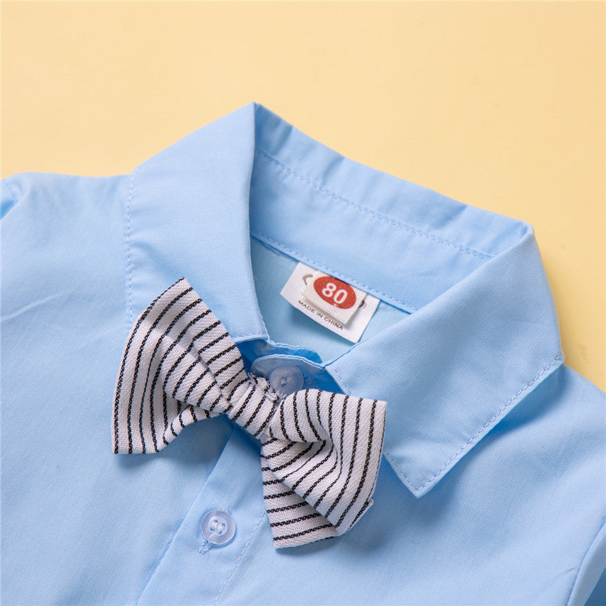 Boys Blue & White Shirt With Striped Trouser & Suspenders