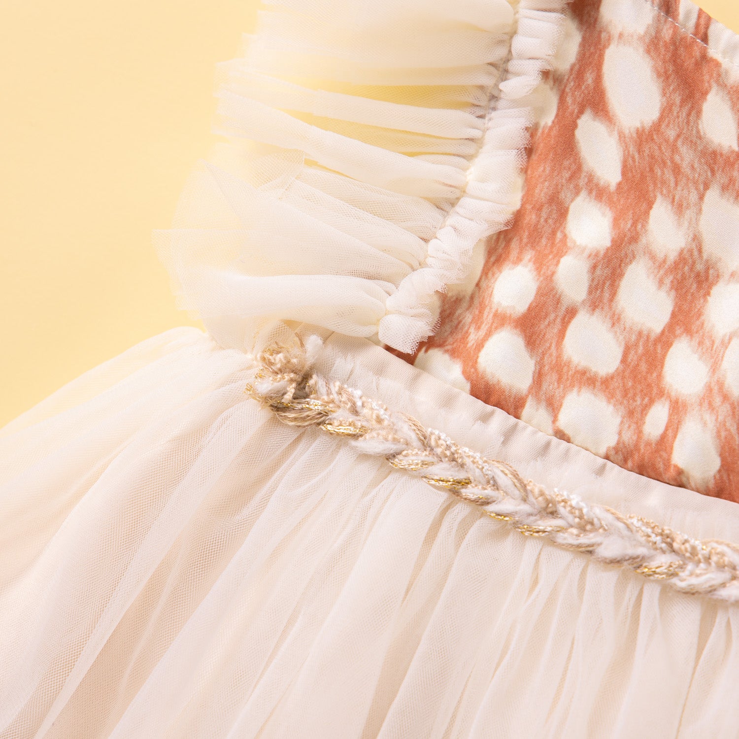 Girls Beige & Brown Self Design Ruffled Fit & Flare Dress
