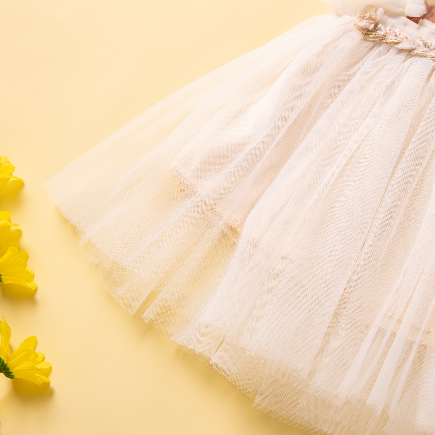 Girls Beige & Brown Self Design Ruffled Fit & Flare Dress