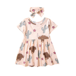 Girls Beige Animal Printed Round Neck Mini T-shirt Dress With Hair Band