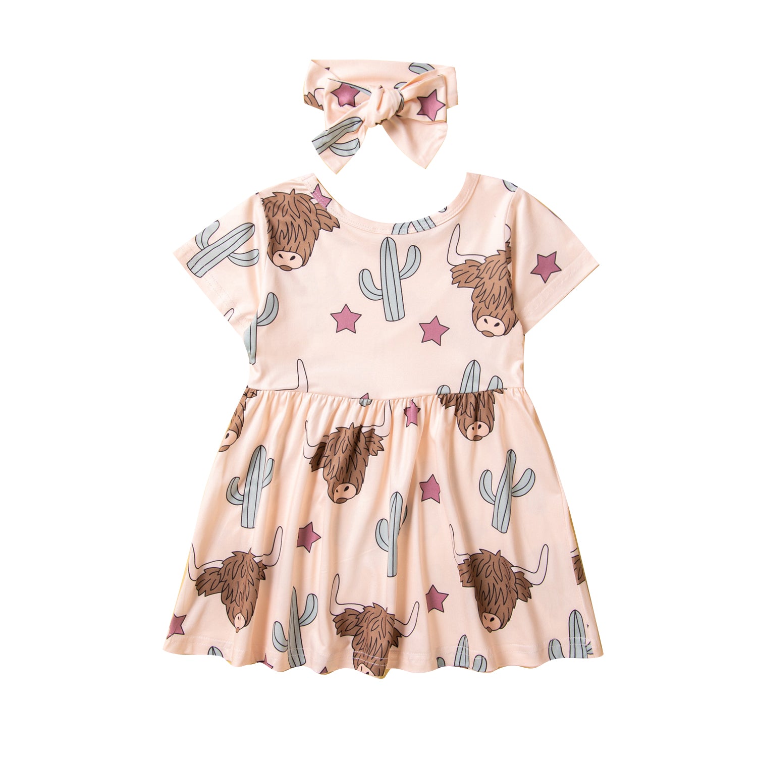 Girls Beige Animal Printed Round Neck Mini T-shirt Dress With Hair Band