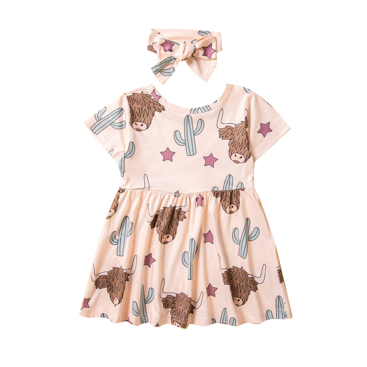 Girls Beige Animal Printed Round Neck Mini T-shirt Dress With Hair Band