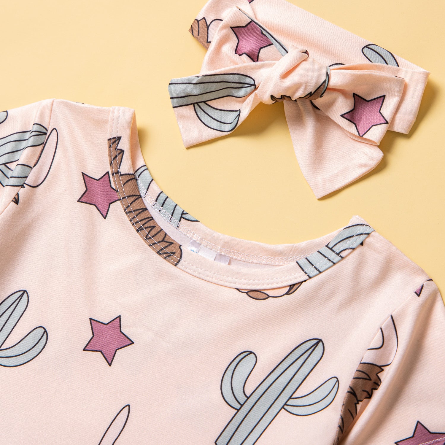 Girls Beige Animal Printed Round Neck Mini T-shirt Dress With Hair Band
