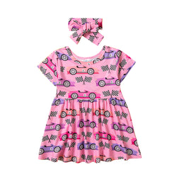Girls Pink & Black Graphic Printed Fit and Flare Mini Dress