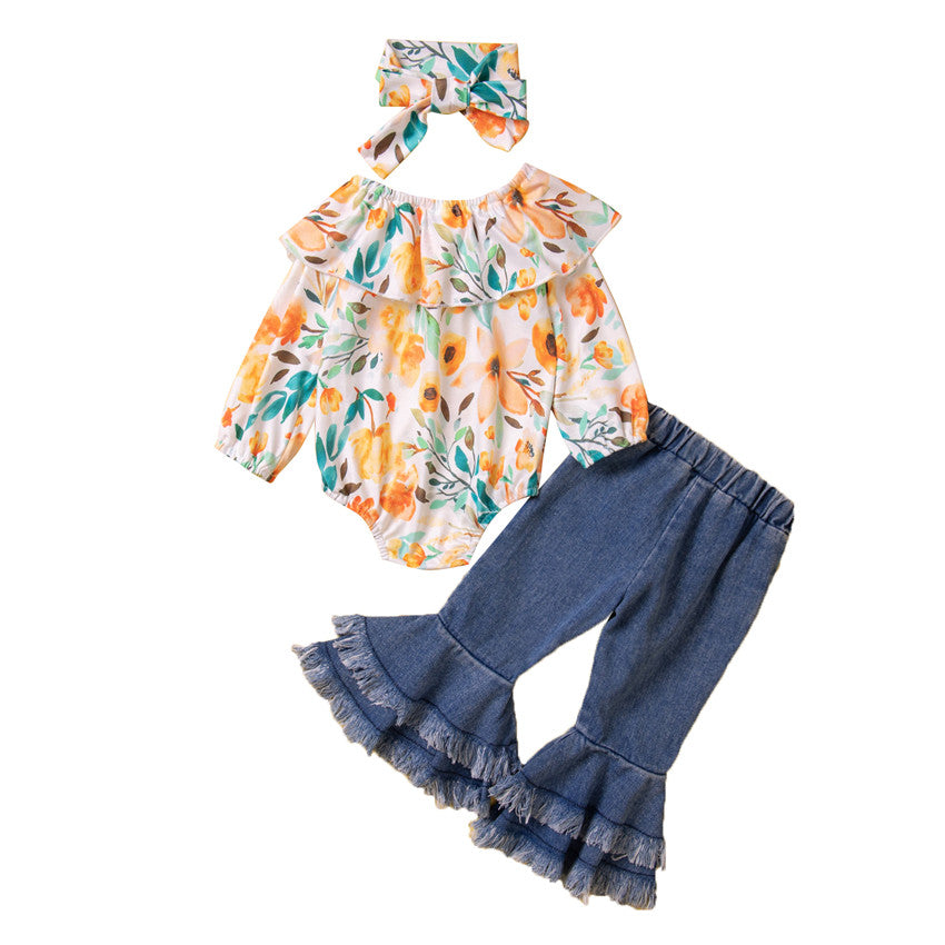 Infant Girls Orange Printed Bodysuit Style Top with Trousers