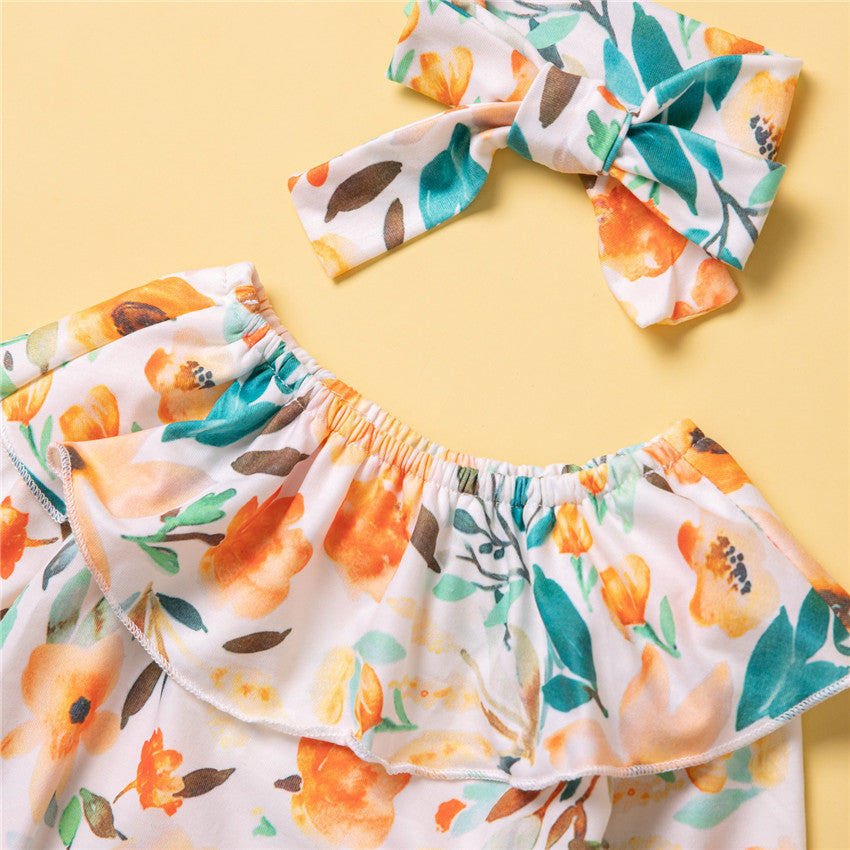 Infant Girls Orange Printed Bodysuit Style Top with Trousers