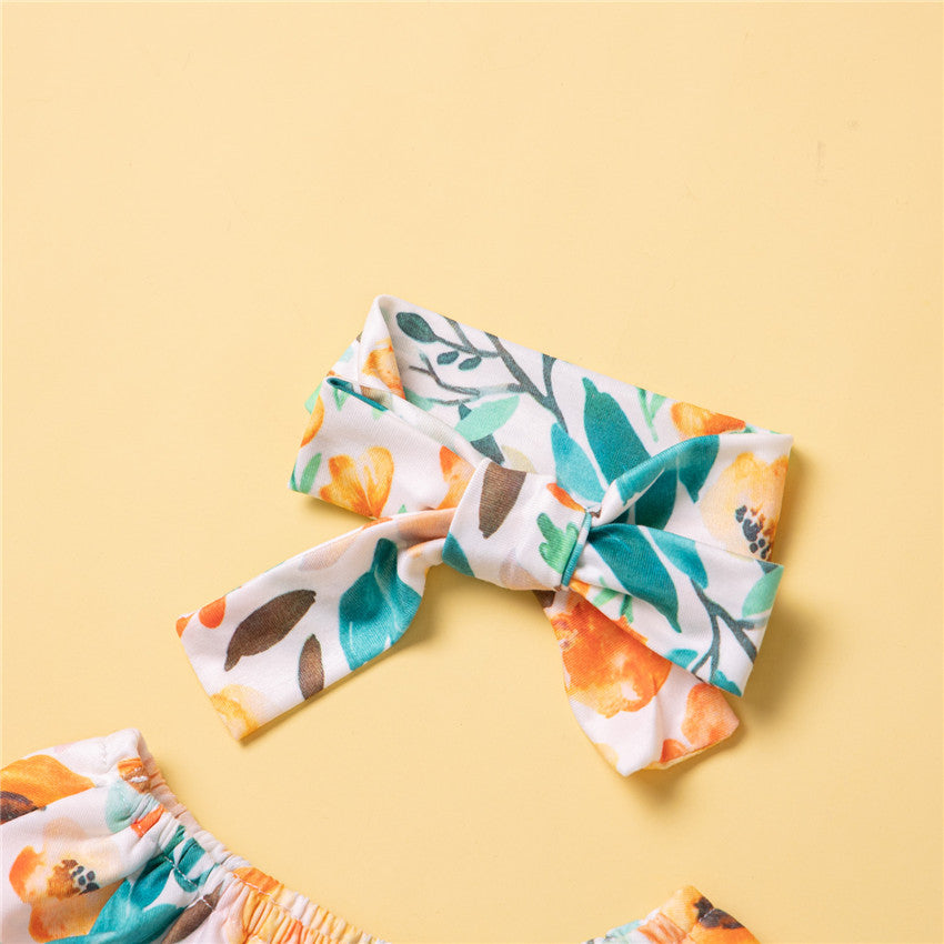 Infant Girls Orange Printed Bodysuit Style Top with Trousers
