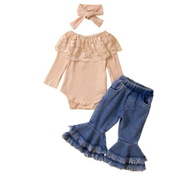 Girls Beige & Blue Lace Bodysuit With Palazzo & Head Band
