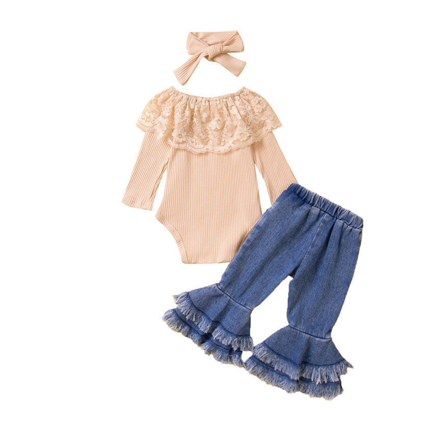 Girls Beige & Blue Lace Bodysuit With Palazzo & Head Band
