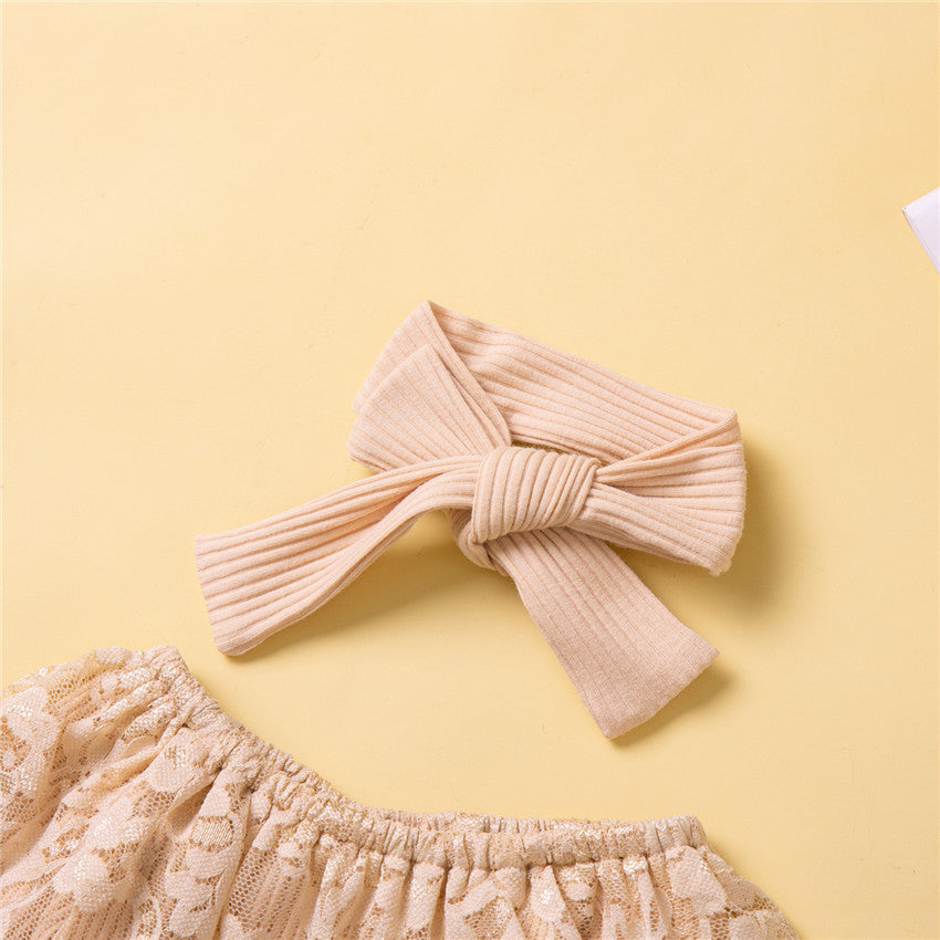 Girls Beige & Blue Lace Bodysuit With Palazzo & Head Band