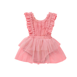 Pink Girls Round Neck Lace Inserts Fit & Flare Dress
