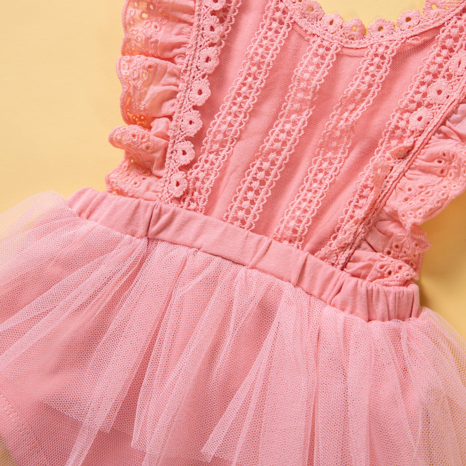 Pink Girls Round Neck Lace Inserts Fit & Flare Dress