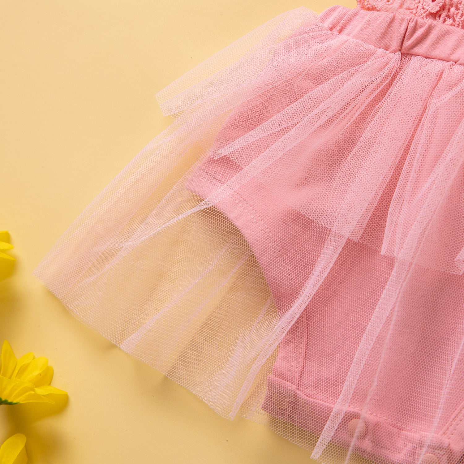 Pink Girls Round Neck Lace Inserts Fit & Flare Dress