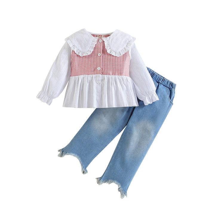 Girls Pink & Blue Printed Peter Pan Collar Top With Trousers