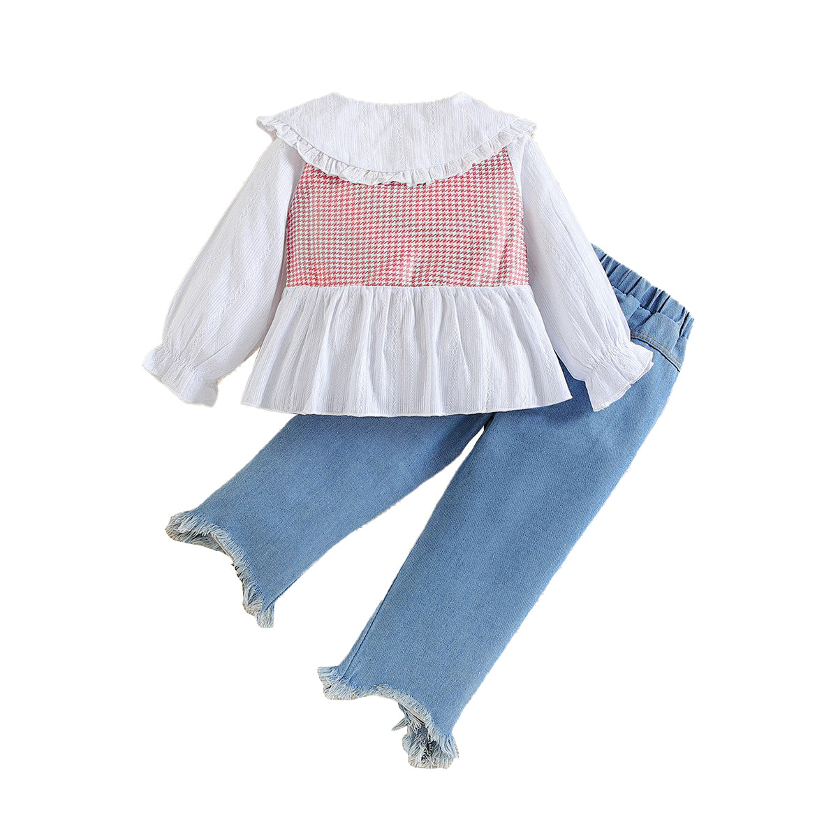 Girls Pink & Blue Printed Peter Pan Collar Top With Trousers