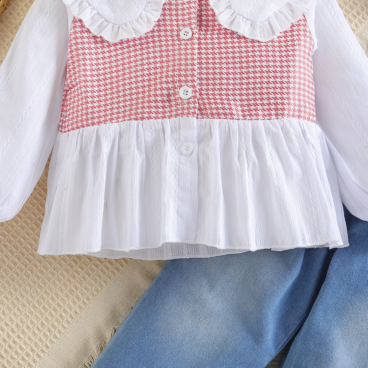 Girls Pink & Blue Printed Peter Pan Collar Top With Trousers