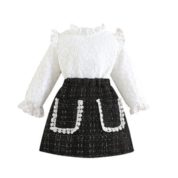Girls White & Black Self Design Top With Skirt