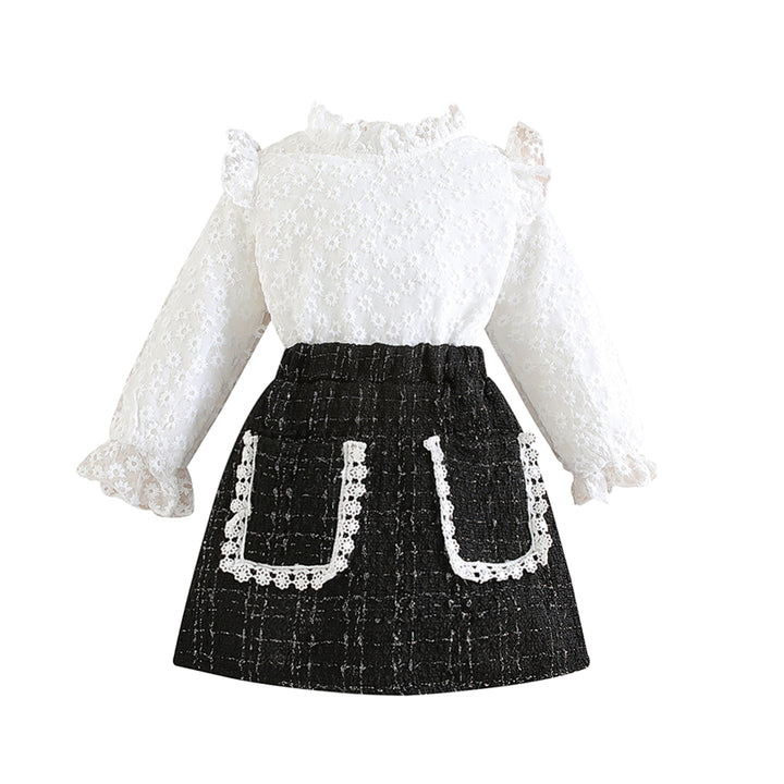 Girls White & Black Self Design Top With Skirt