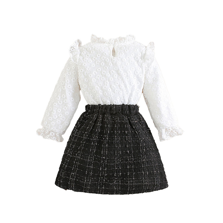 Girls White & Black Self Design Top With Skirt
