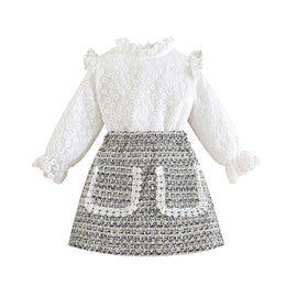 Girls Grey Self Design Top with Skirt