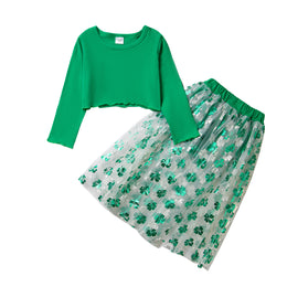 Girls Green Top with Floral Skirt