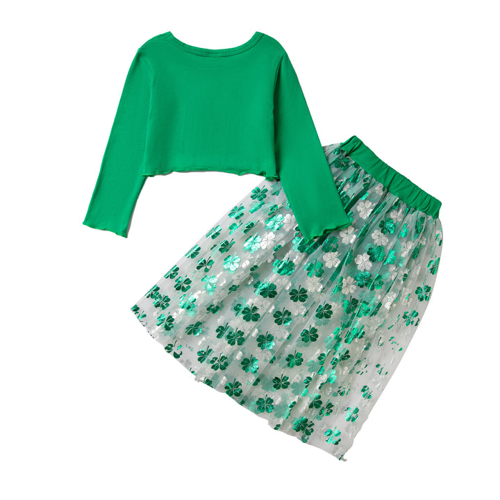 Girls Green Top with Floral Skirt