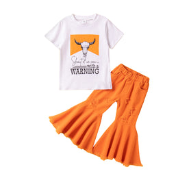 Girls White & Orange Printed T-shirt with Palazzos