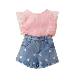 Girls Pink Ribbed Top with Denim Shorts