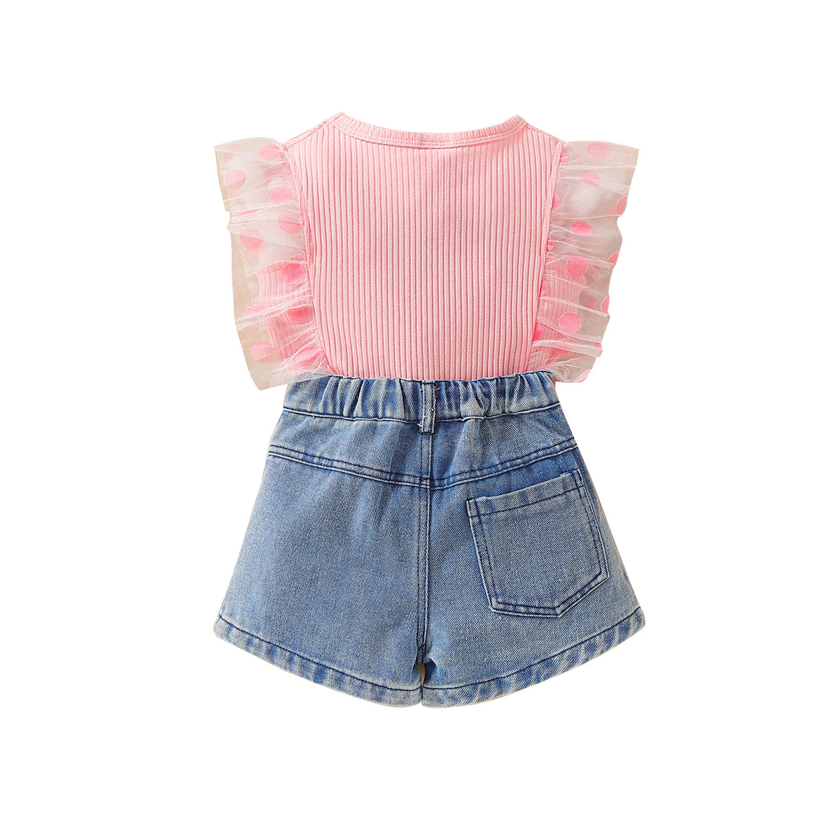 Girls Pink Ribbed Top with Denim Shorts