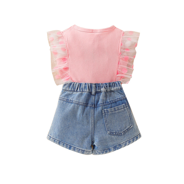 Girls Pink Ribbed Top with Denim Shorts