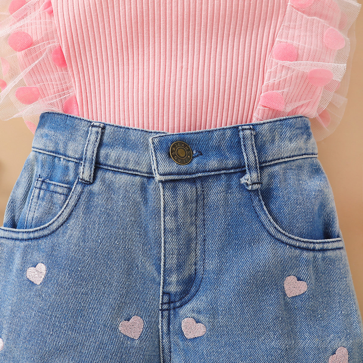 Girls Pink Ribbed Top with Denim Shorts