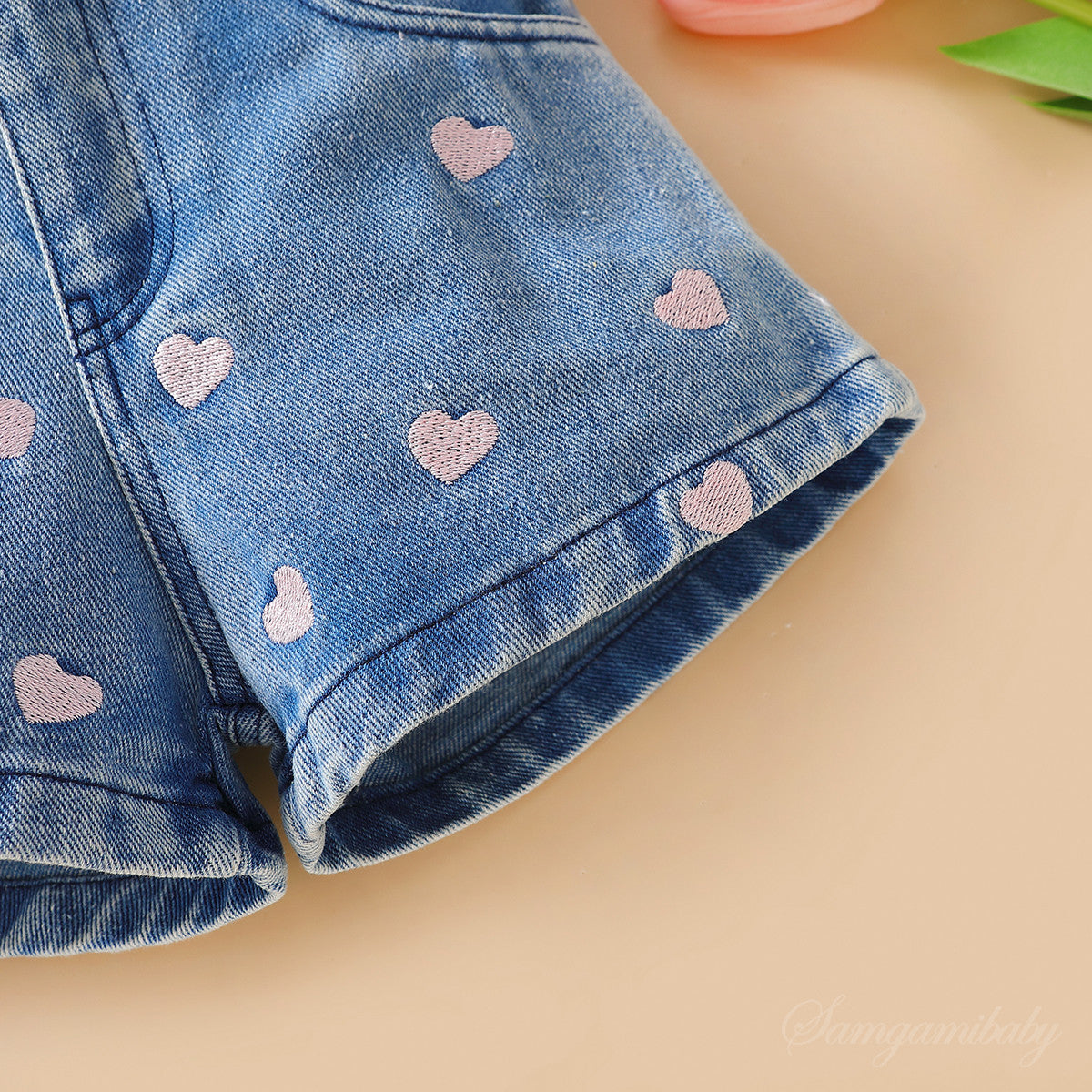 Girls Pink Ribbed Top with Denim Shorts