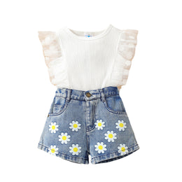 Girls White Ribbed Top With Printed Shorts