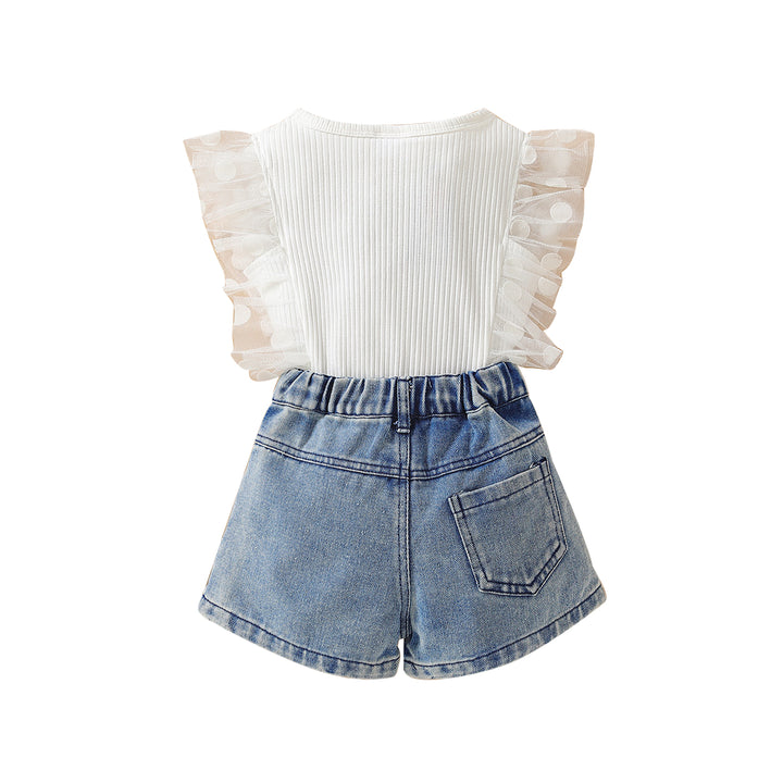Girls White Ribbed Top With Printed Shorts