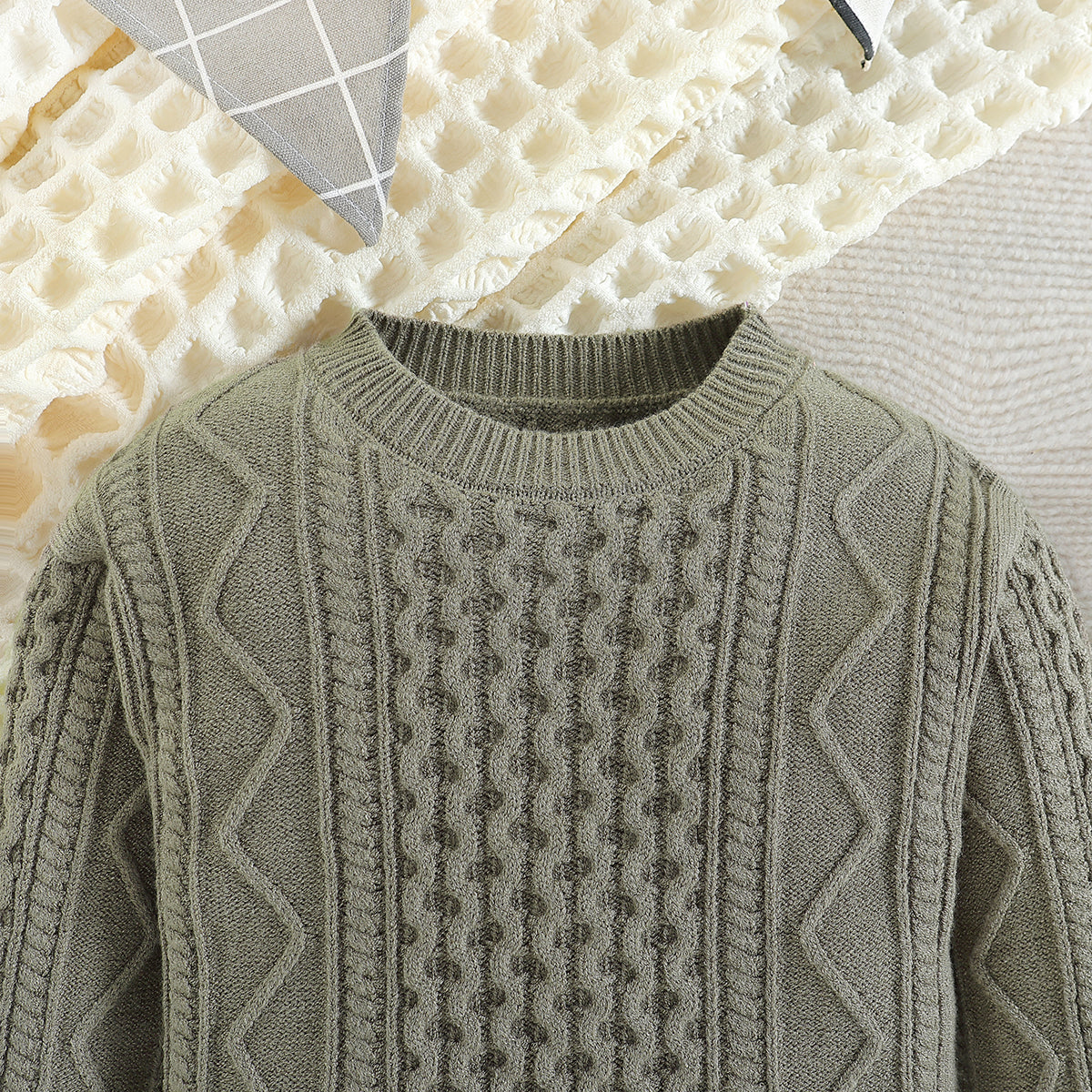 Boys Green Self Design Pullover Cotton Sweater