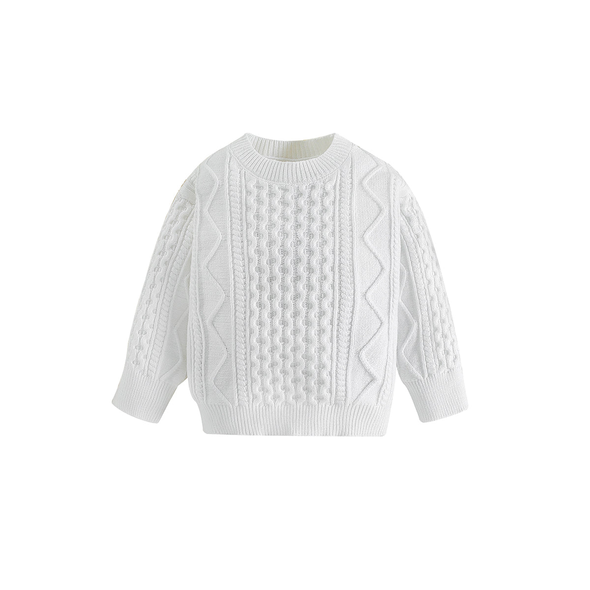 Boys White Cable Knit Self Design Turtle Neck Ribbed Cotton Pullover