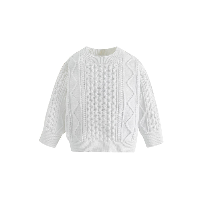 Boys White Cable Knit Self Design Turtle Neck Ribbed Cotton Pullover