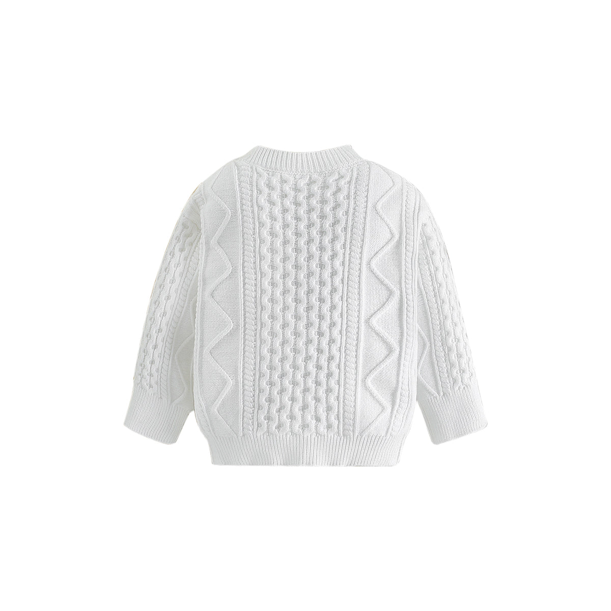 Boys White Cable Knit Self Design Turtle Neck Ribbed Cotton Pullover