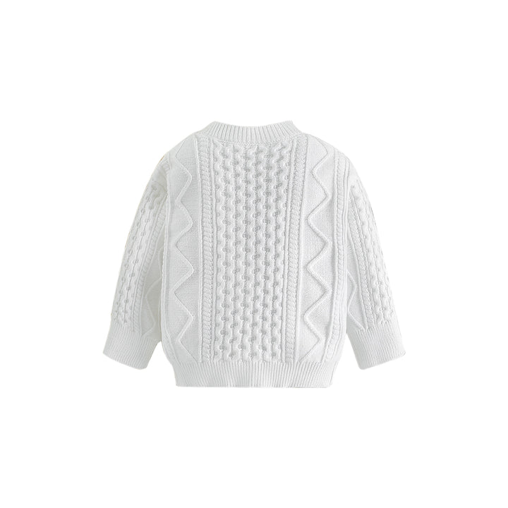 Boys White Cable Knit Self Design Turtle Neck Ribbed Cotton Pullover