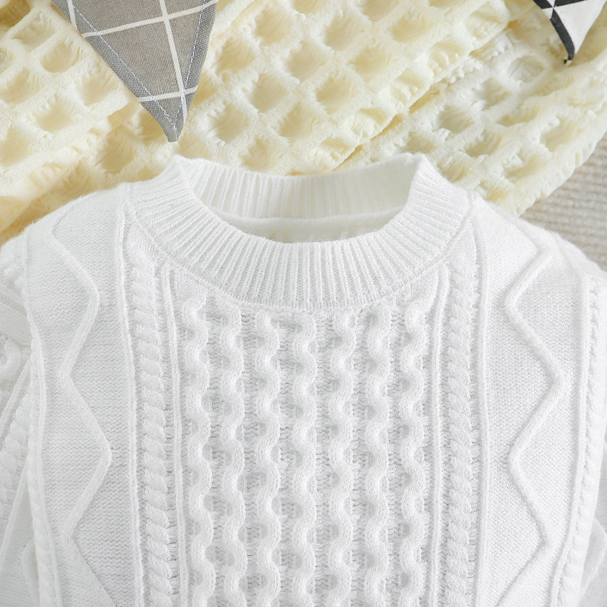 Boys White Cable Knit Self Design Turtle Neck Ribbed Cotton Pullover