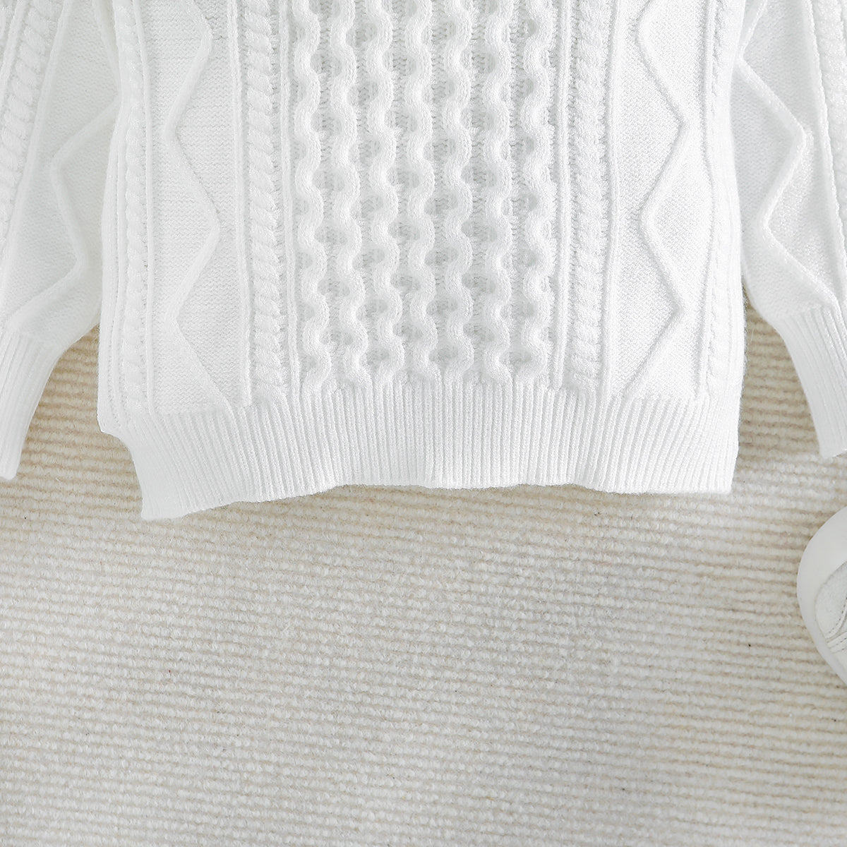 Boys White Cable Knit Self Design Turtle Neck Ribbed Cotton Pullover