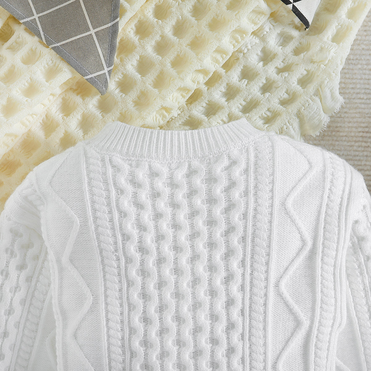 Boys White Cable Knit Self Design Turtle Neck Ribbed Cotton Pullover