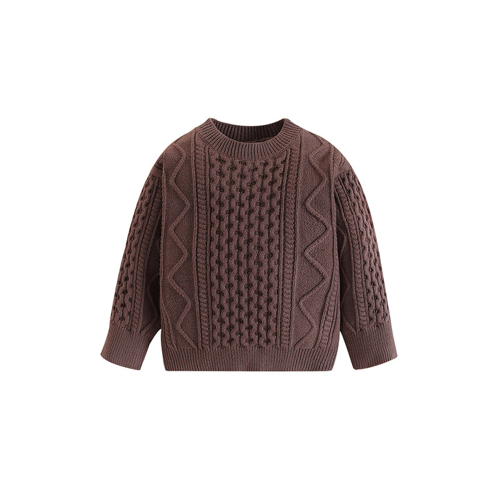 Boys Brown Cable Knit Self Design Turtle Neck Ribbed Cotton Pullover