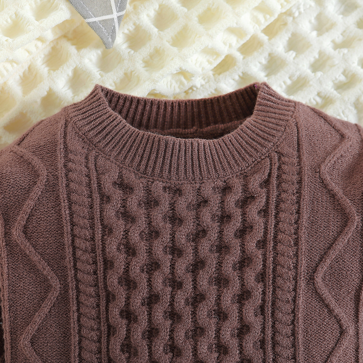 Boys Brown Cable Knit Self Design Turtle Neck Ribbed Cotton Pullover