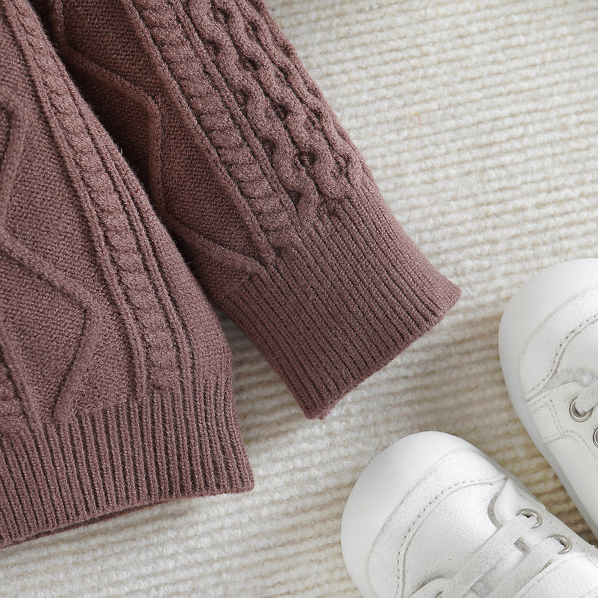 Boys Brown Cable Knit Self Design Turtle Neck Ribbed Cotton Pullover